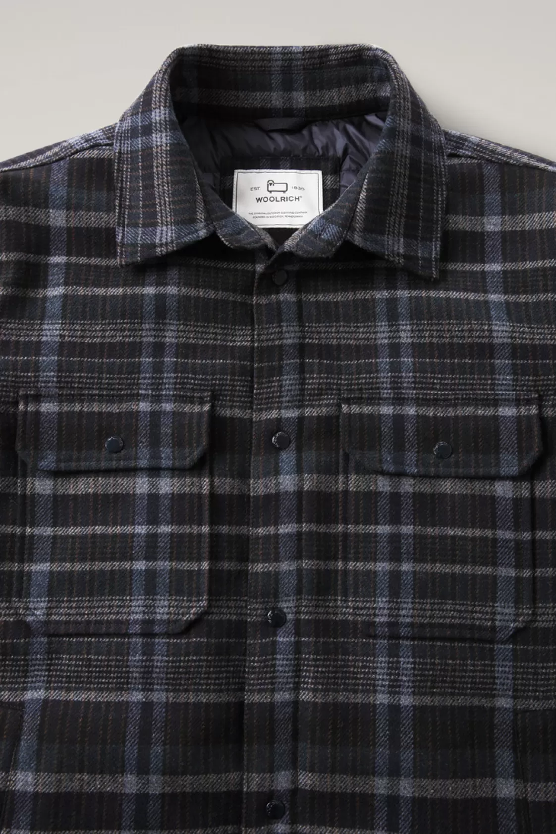 Overshirts & Shirt Jackets | Jackets>woolrich Alaskan Padded Check Overshirt In Recycled Italian Wool Blend Blue Check