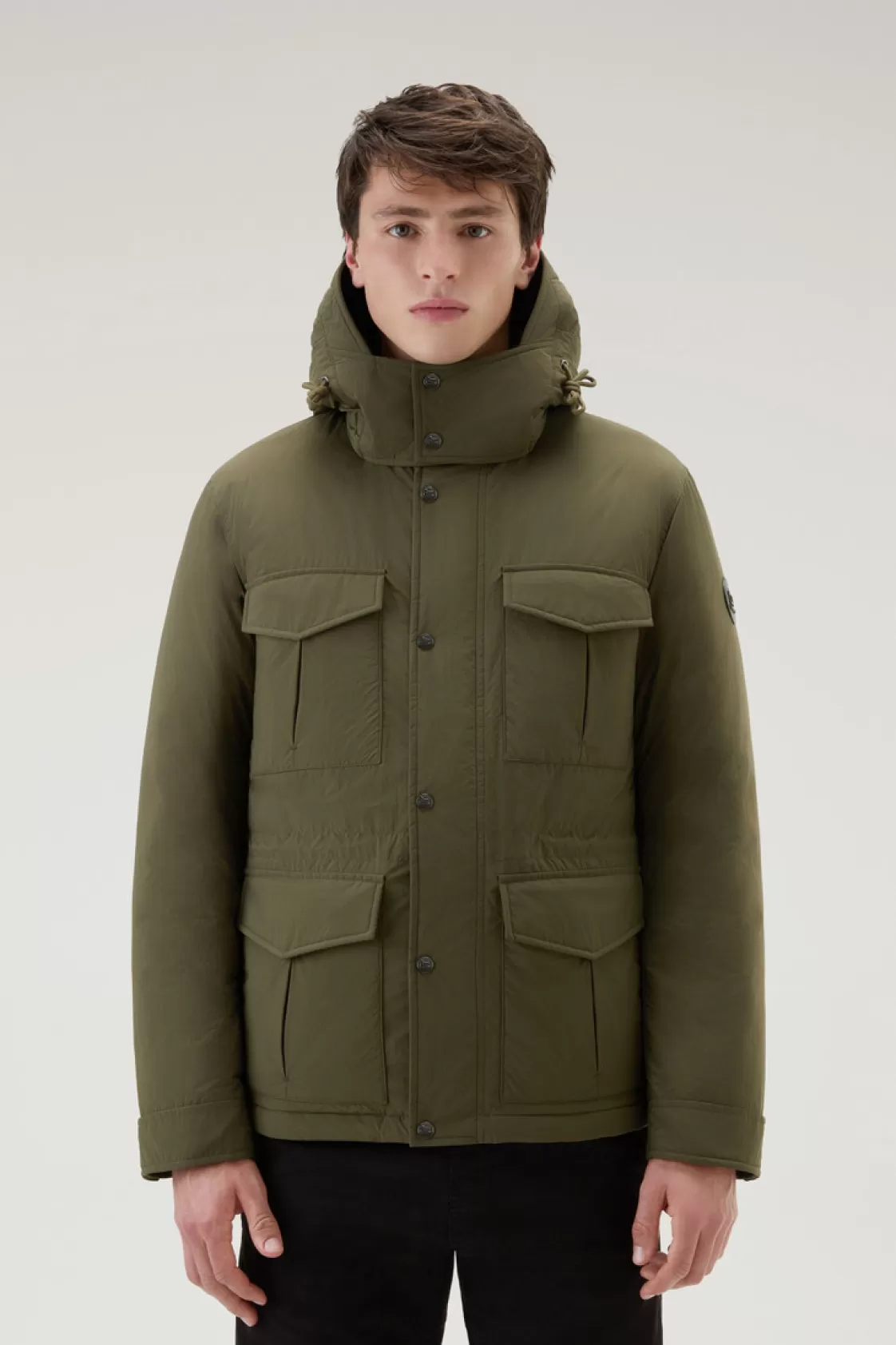 Jackets>woolrich Aleutian Field Jacket In Taslan Nylon With Detachable Hood Dark Green