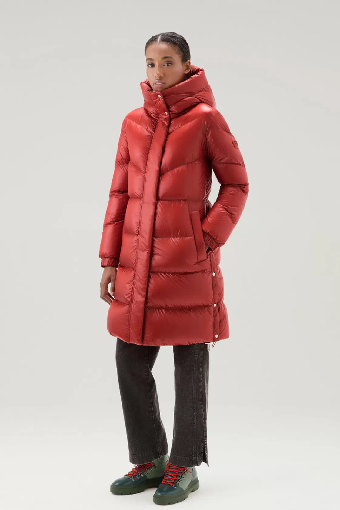 Down Jackets>woolrich Aliquippa Long Down Jacket In Glossy Nylon Red Ochre