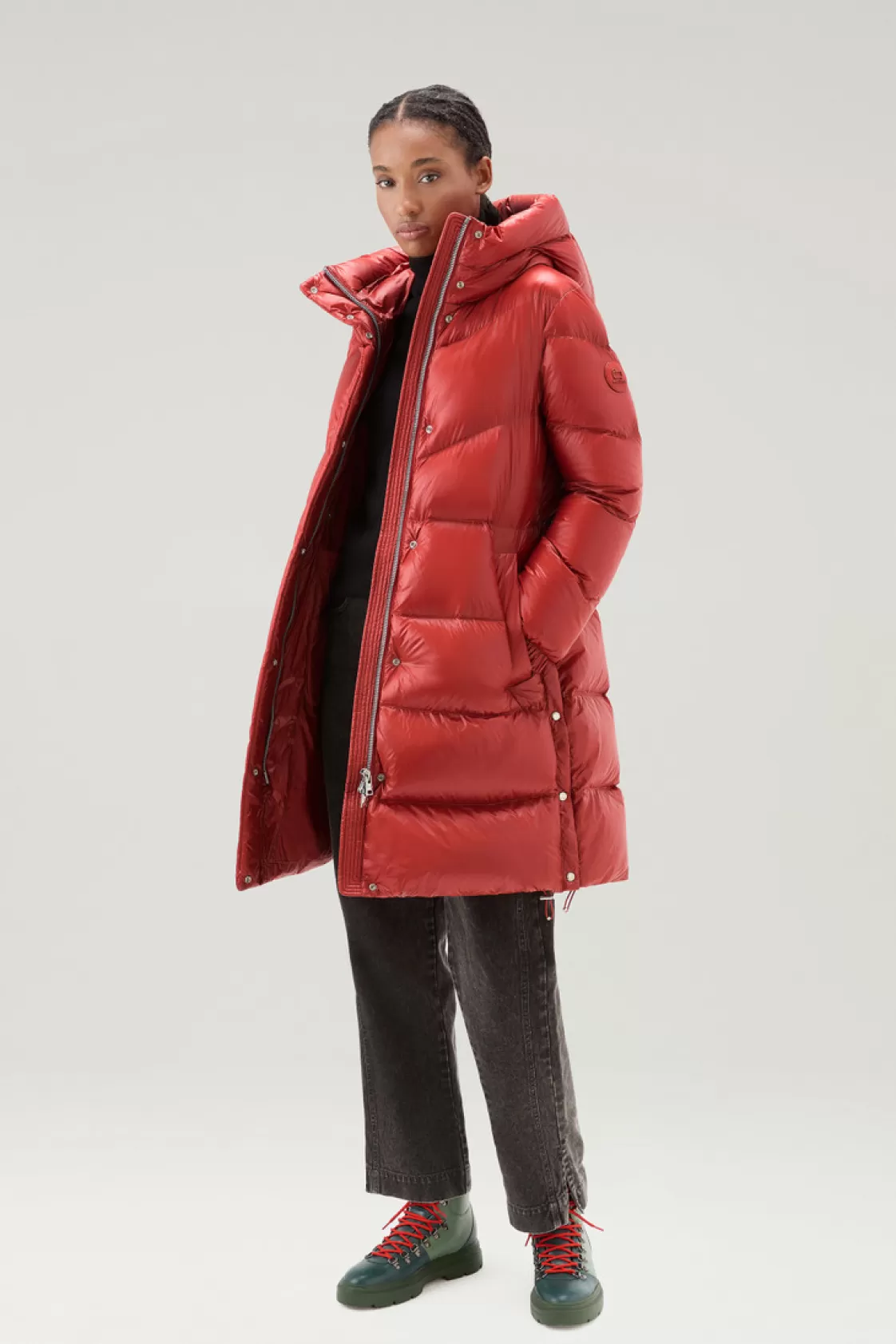 Down Jackets>woolrich Aliquippa Long Down Jacket In Glossy Nylon Red Ochre