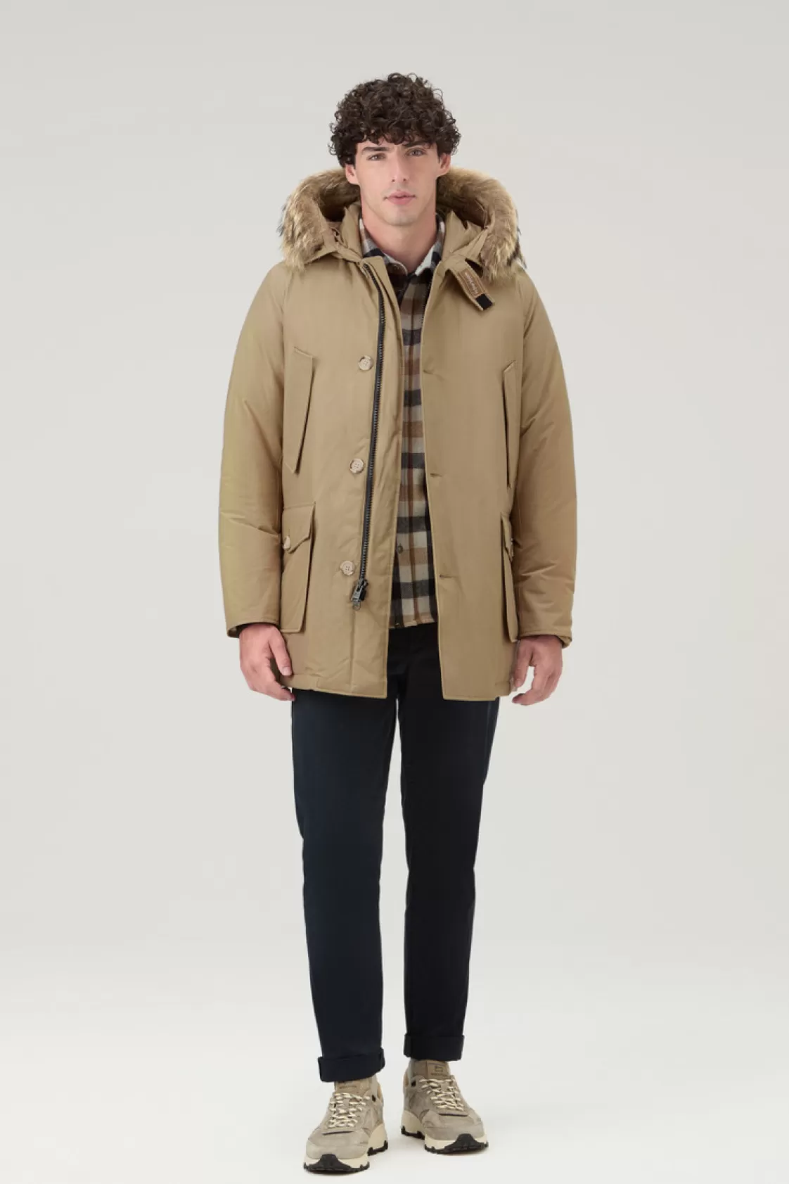 Parkas>woolrich Arctic Parka In Ramar Cloth With Detachable Fur Trim Elmwood Brown