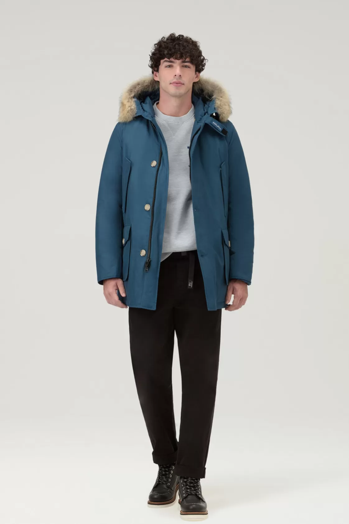 Parkas>woolrich Arctic Parka In Ramar Cloth With Detachable Fur Trim Blue Lobster