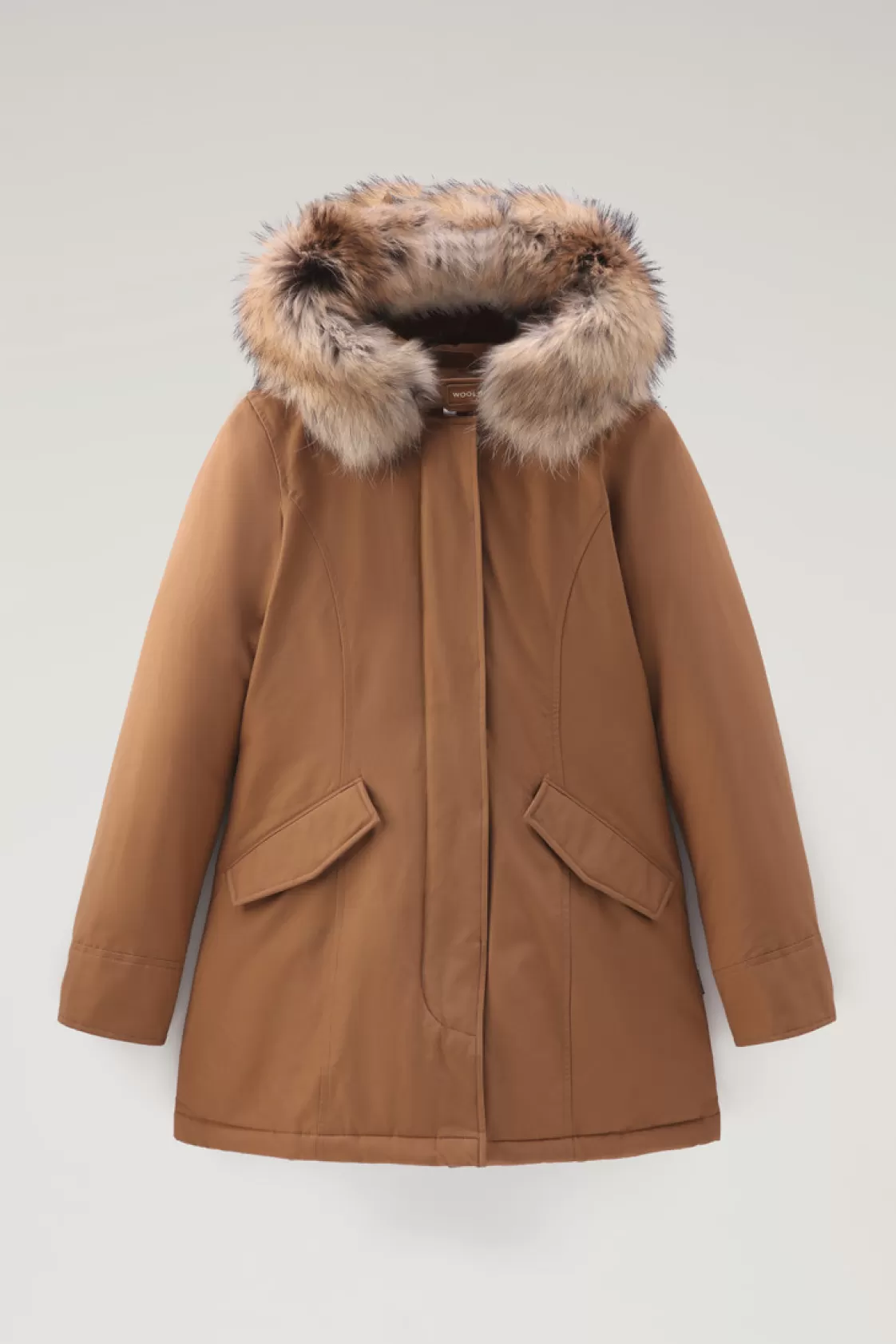 Parkas>woolrich Arctic Parka In Ramar Cloth With Detachable Fur Trim Dark Camel