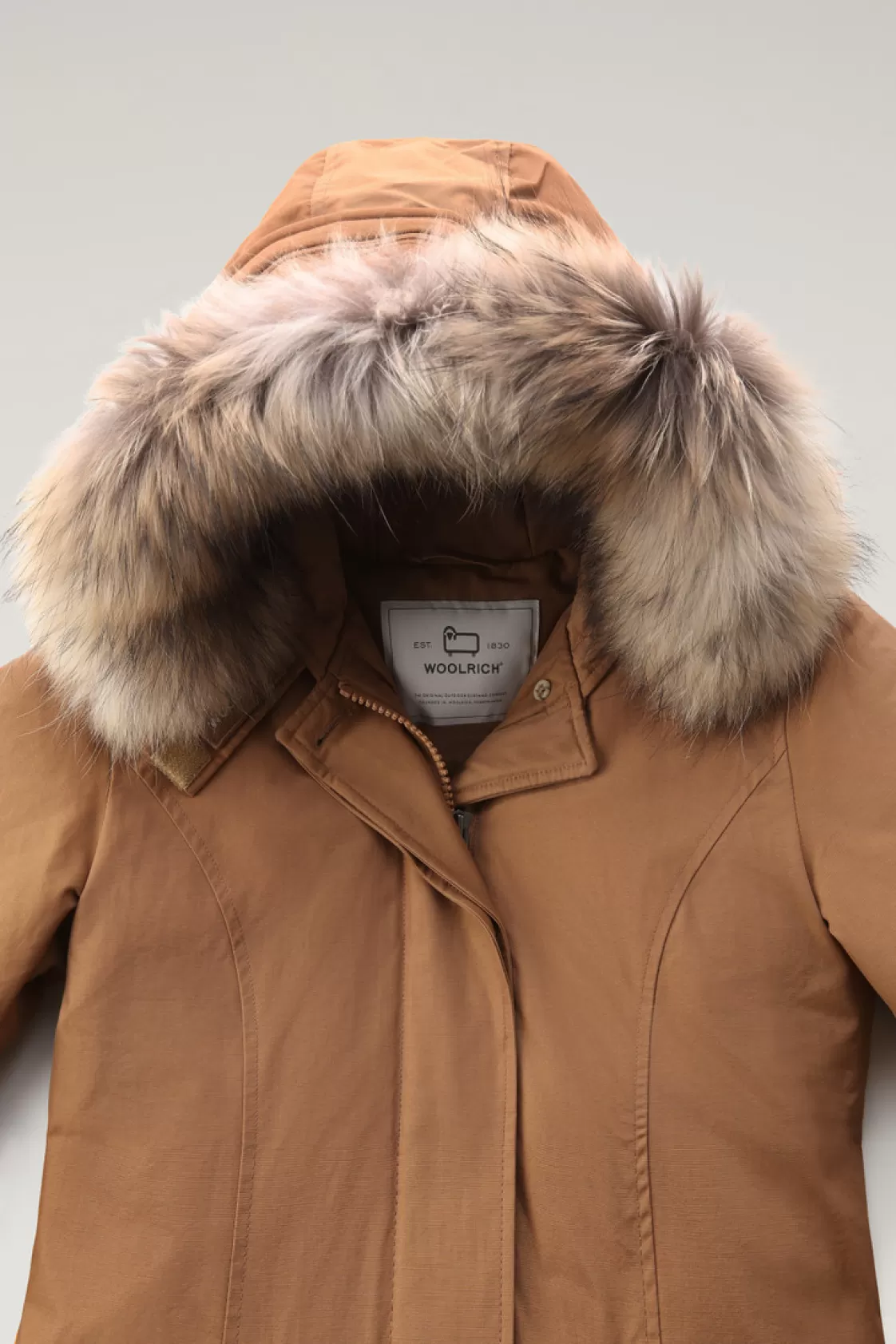 Parkas>woolrich Arctic Parka In Ramar Cloth With Detachable Fur Trim Dark Camel