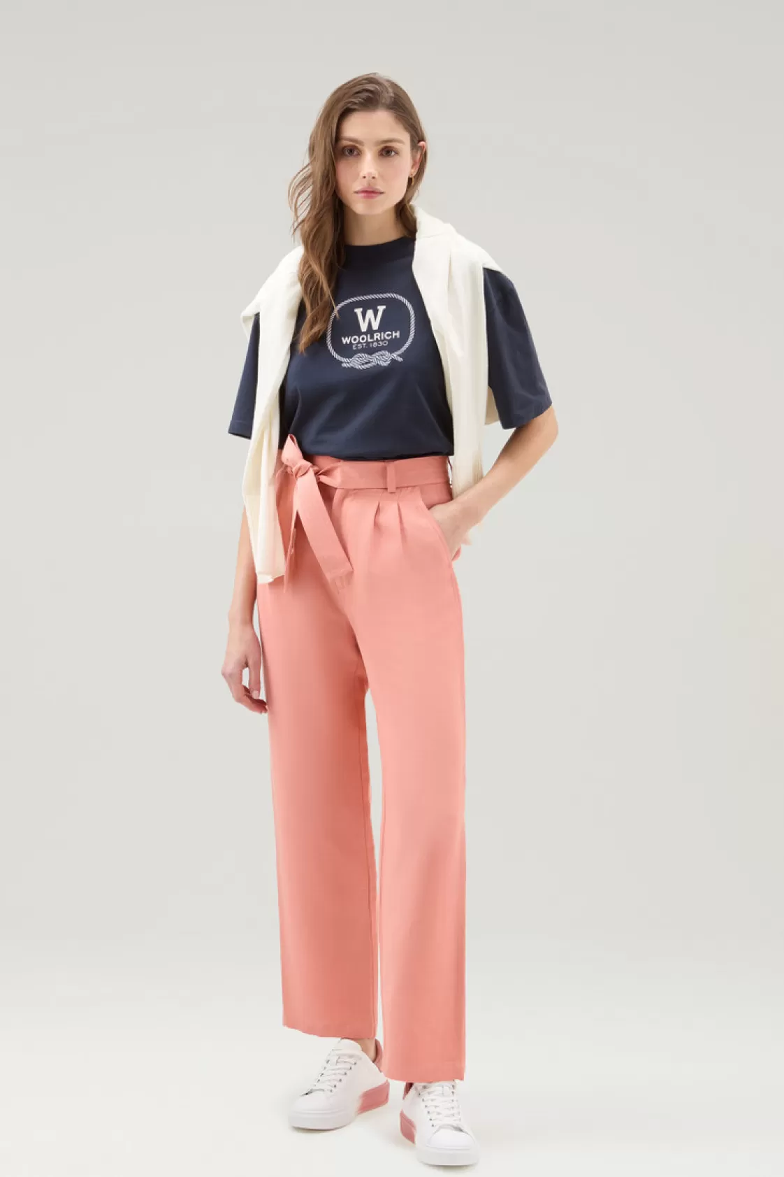 Trousers & Shorts>woolrich Belted Pants In Linen Blend Coral Sand