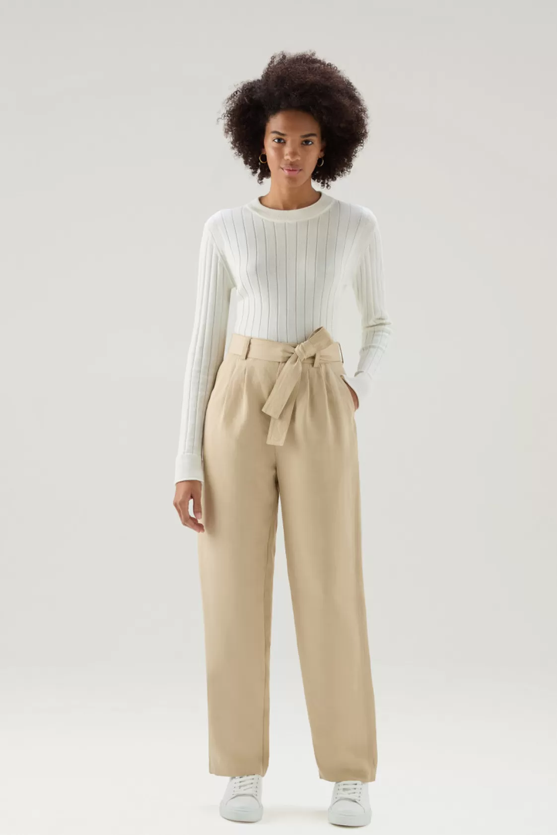 Trousers & Shorts>woolrich Belted Pants In Linen Blend Feather Beige