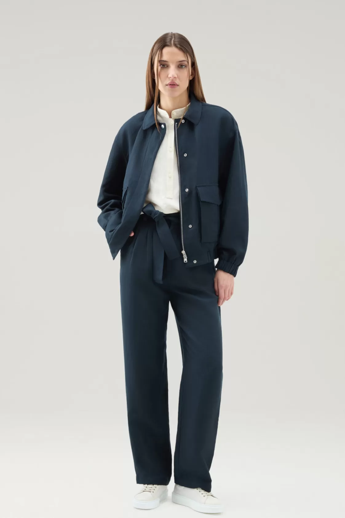 Trousers & Shorts>woolrich Belted Pants In Linen Blend Melton Blue