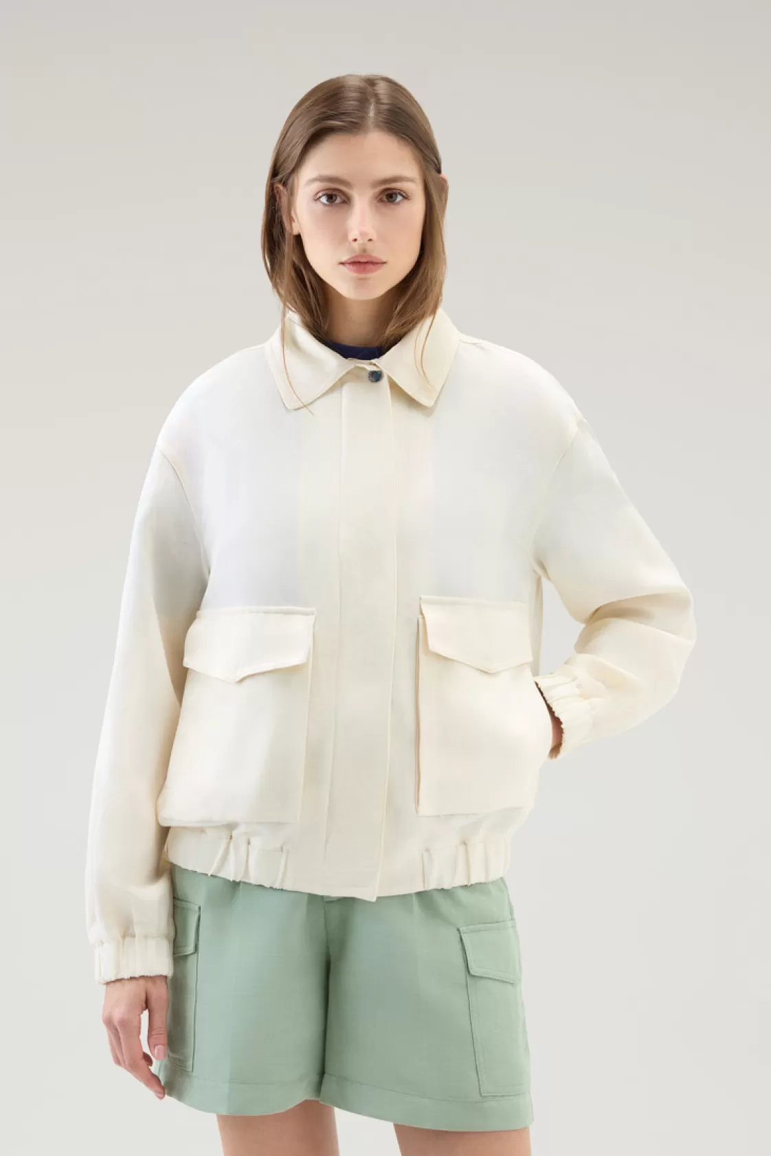 Bomber Jackets>woolrich Bomber Jacket In Linen Blend Plaster White