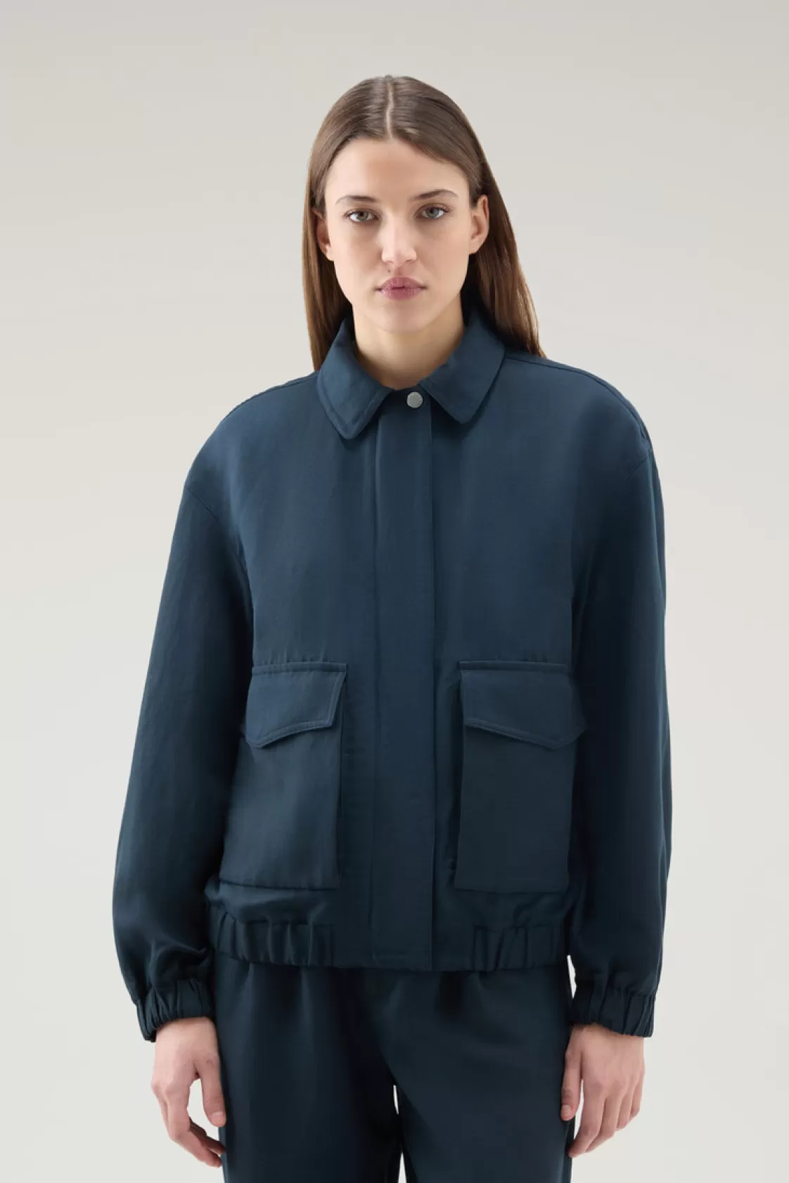 Bomber Jackets>woolrich Bomber Jacket In Linen Blend Melton Blue