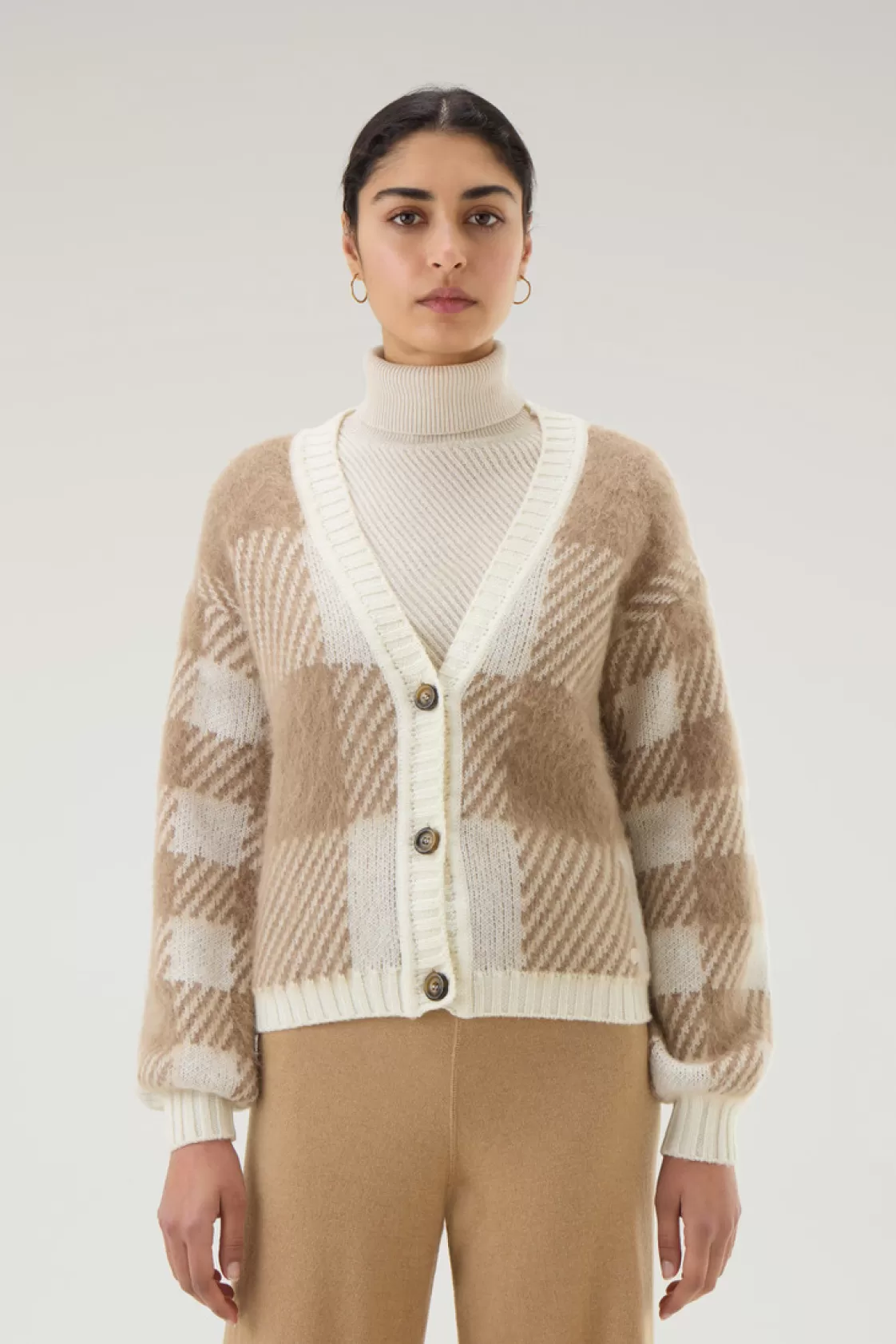 Sweaters>woolrich Buffalo Check Cardigan In Wool And Mohair Blend Cream Buffalo