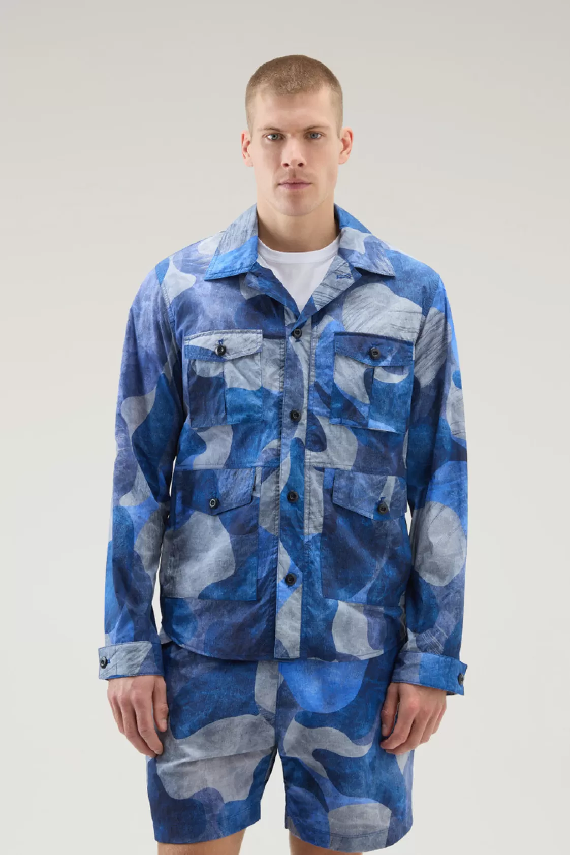 Overshirts & Shirt Jackets>woolrich Camo Overshirt In Ripstop Crinkle Nylon Royal Camo