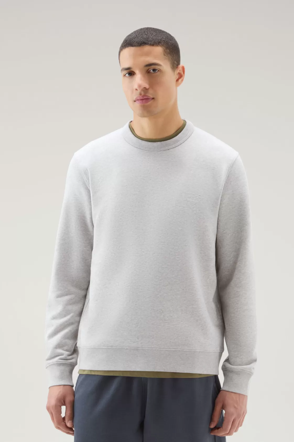 Sweatshirts>woolrich Crewneck Cotton Fleece Sweatshirt With Embroidered Logo Light Grey Melange