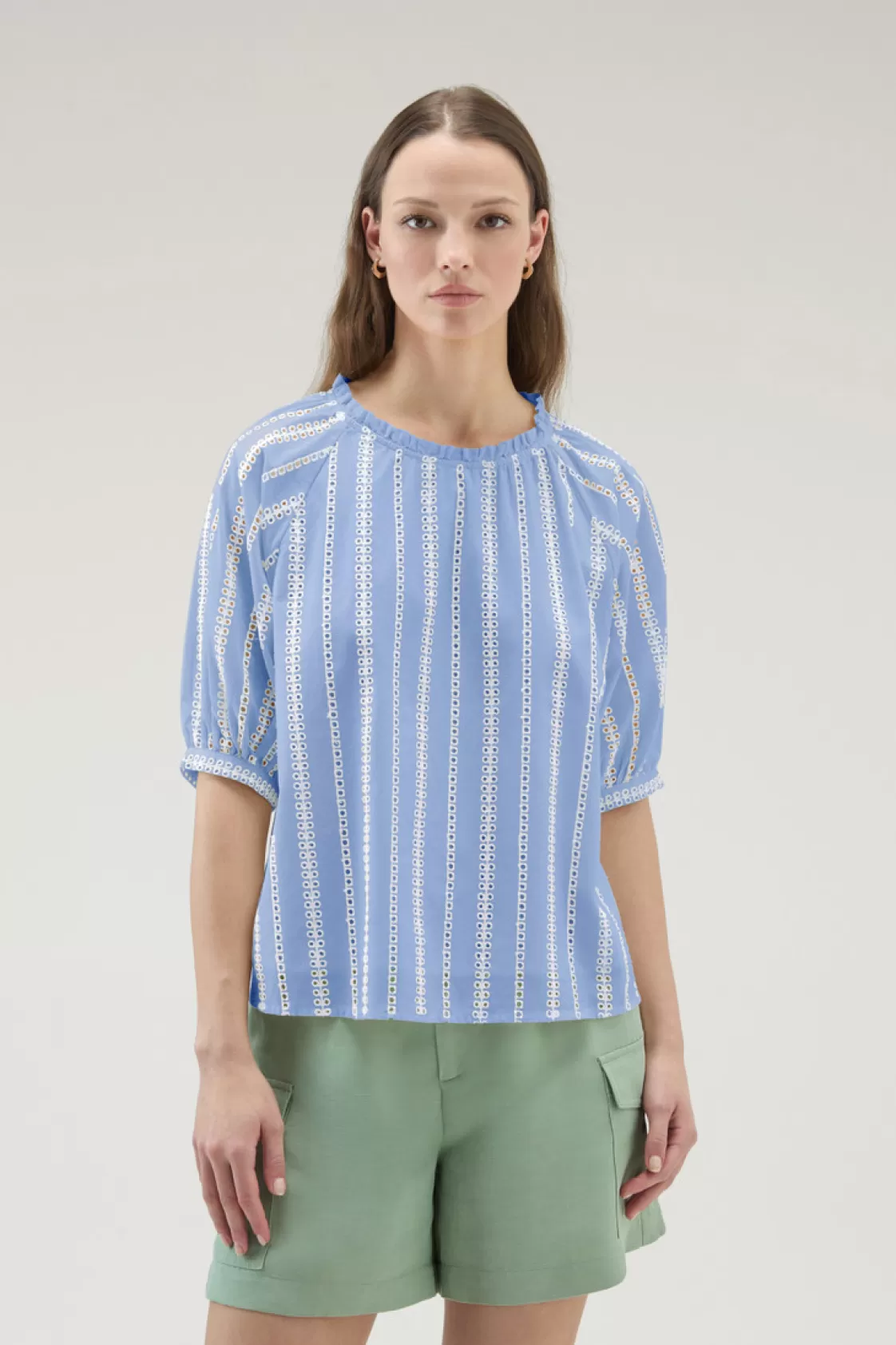 Shirts, Flannels & Shirt Jackets>woolrich Embroidered Blouse In Pure Cotton Sea Breeze