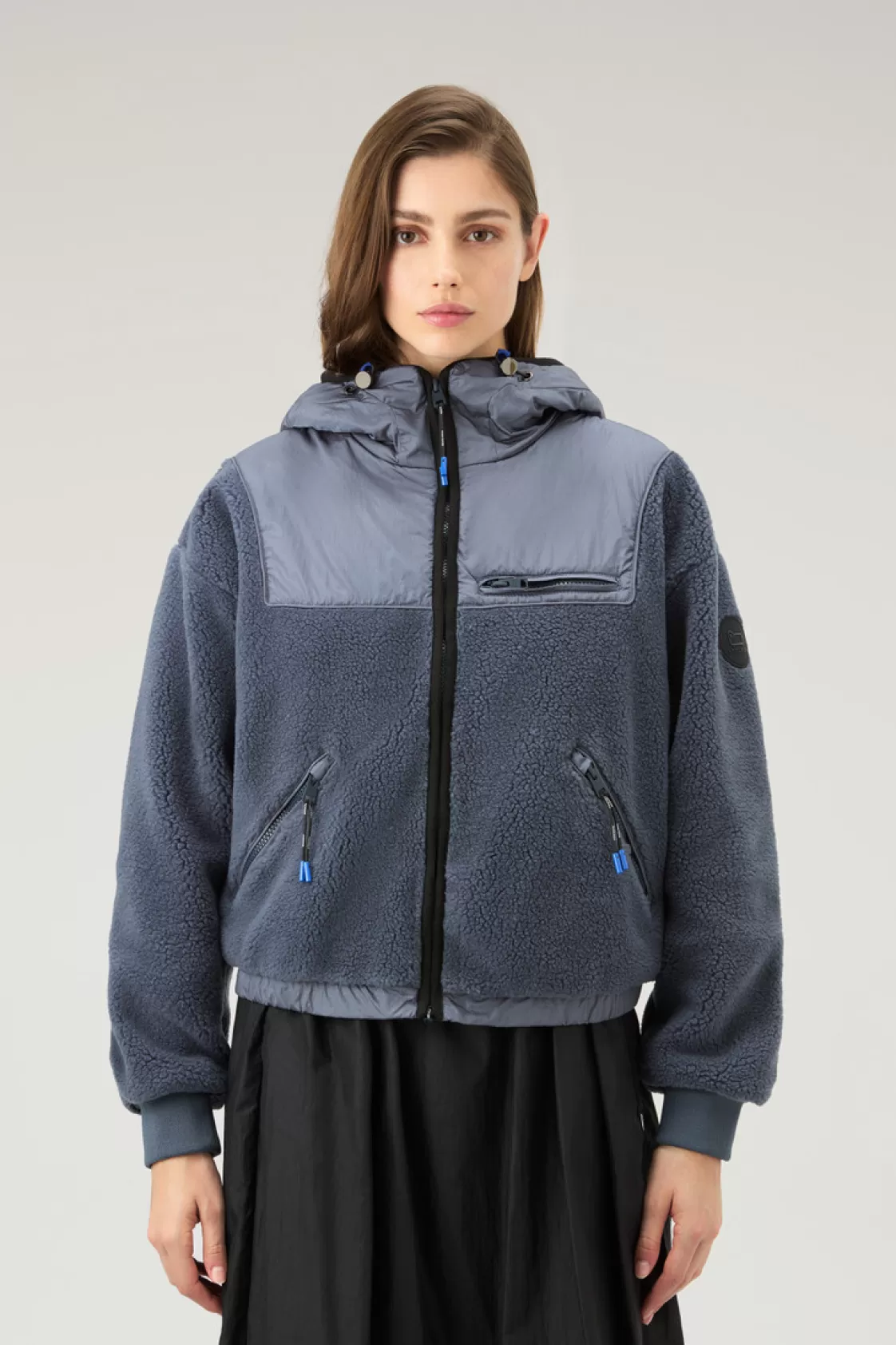 Jackets>woolrich Full-zip Hoodie In Sherpa And Nylon Silver Sky