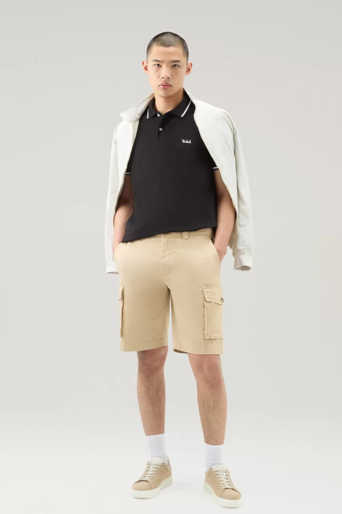 Trousers & Shorts>woolrich Garment-Dyed Cargo Shorts In Stretch Cotton Beach Sand