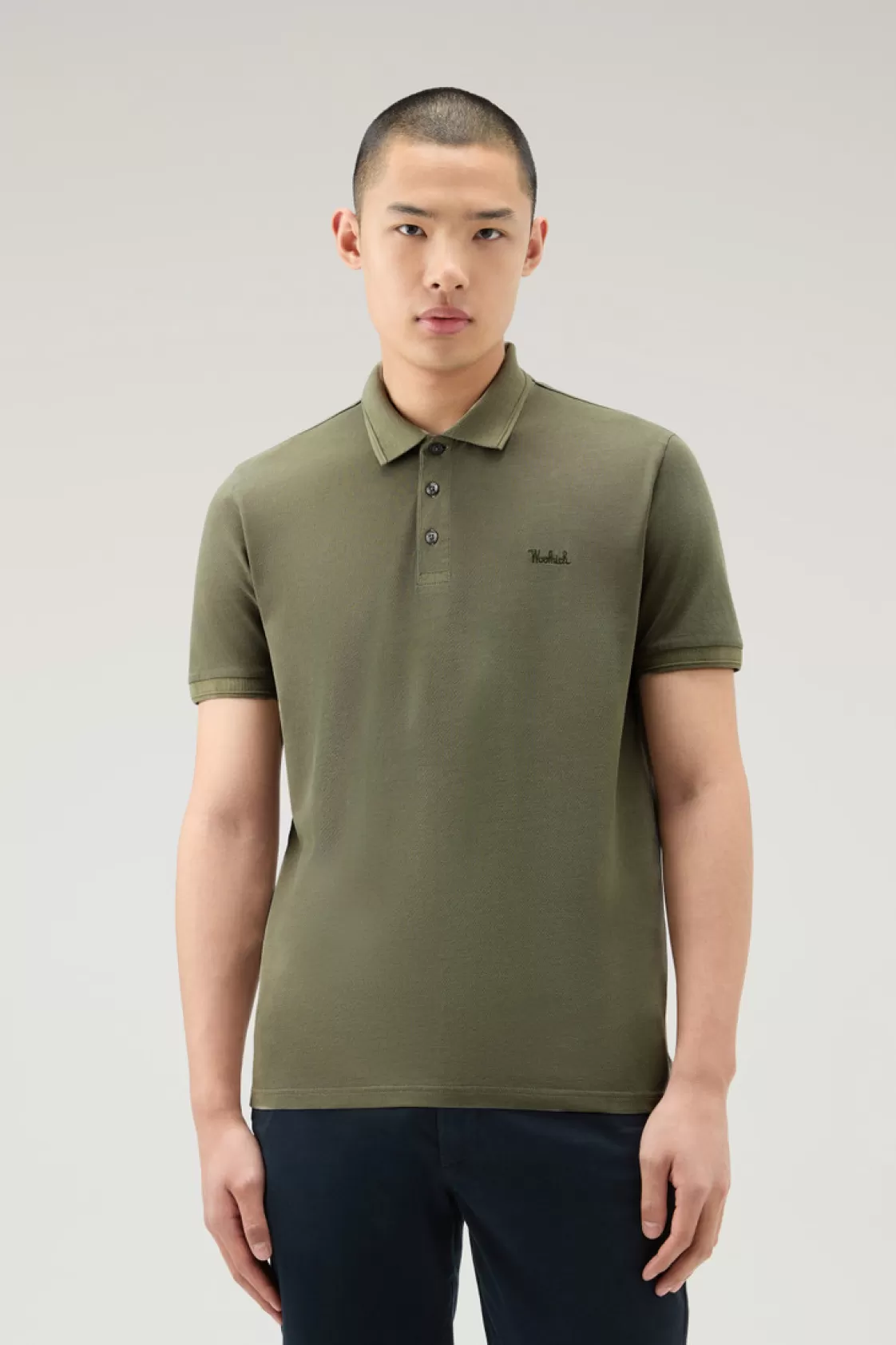 Polos>woolrich Garment-Dyed Mackinack Polo In Stretch Cotton Piquet Lake Olive