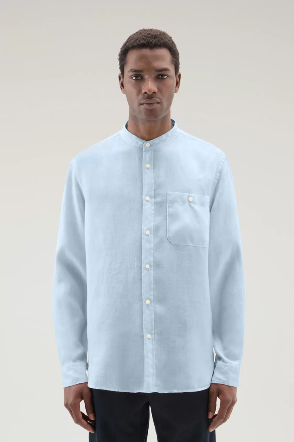 Flannels & Shirts>woolrich Garment-dyed Shirt With Mandarin Collar In Pure Linen Pale Indigo