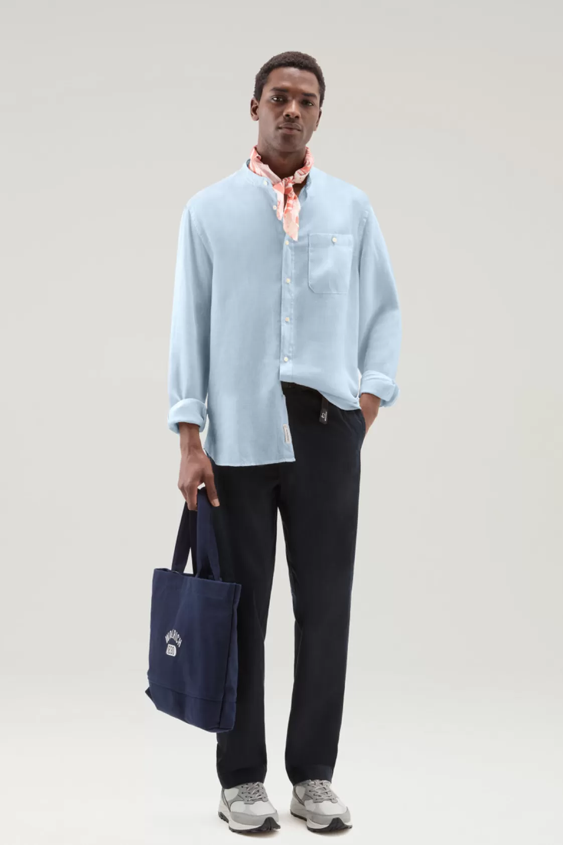 Flannels & Shirts>woolrich Garment-dyed Shirt With Mandarin Collar In Pure Linen Pale Indigo