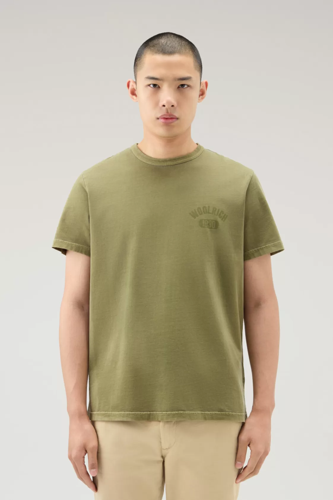 T-Shirts>woolrich Garment-Dyed T-Shirt In Pure Cotton Lake Olive