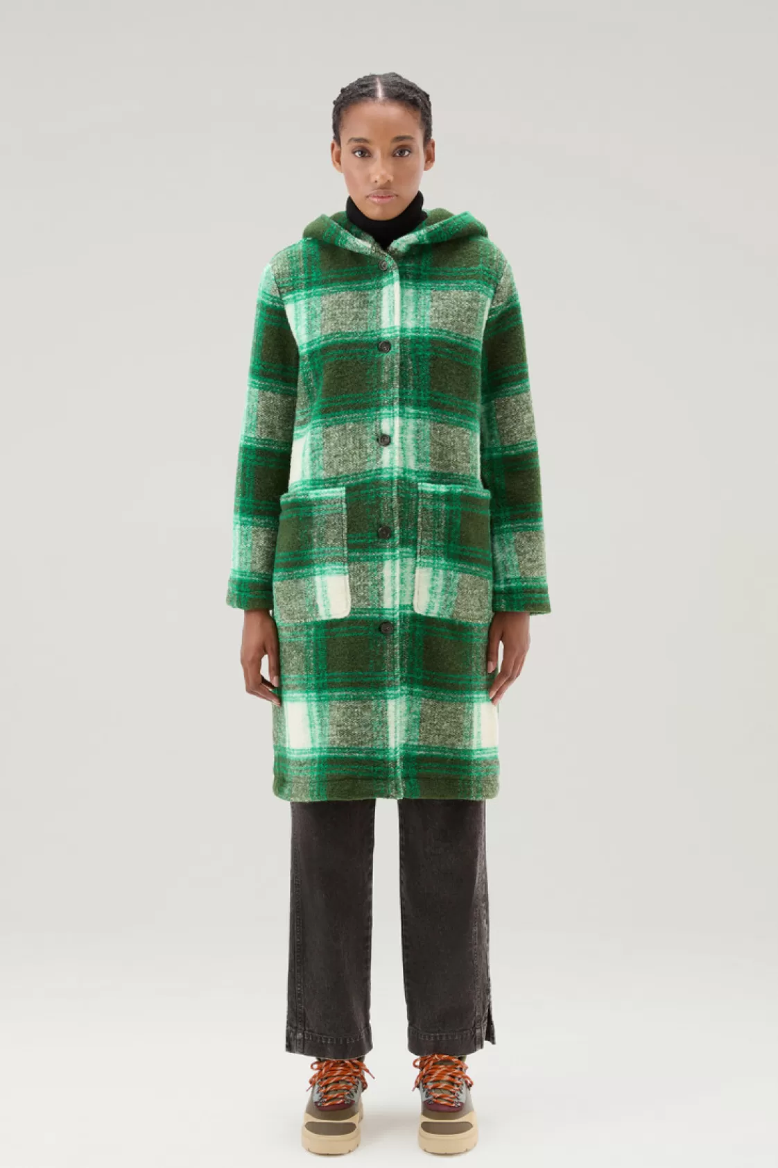 Coats>woolrich Gentry Coat In Wool Blend With Hood Green Check