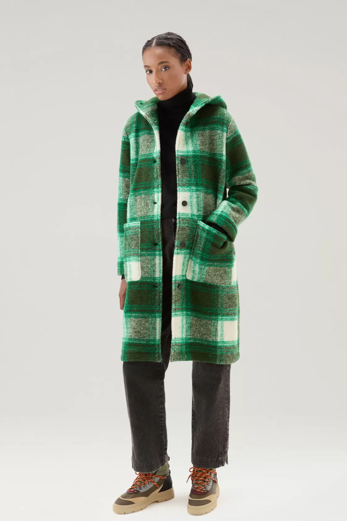 Coats>woolrich Gentry Coat In Wool Blend With Hood Green Check