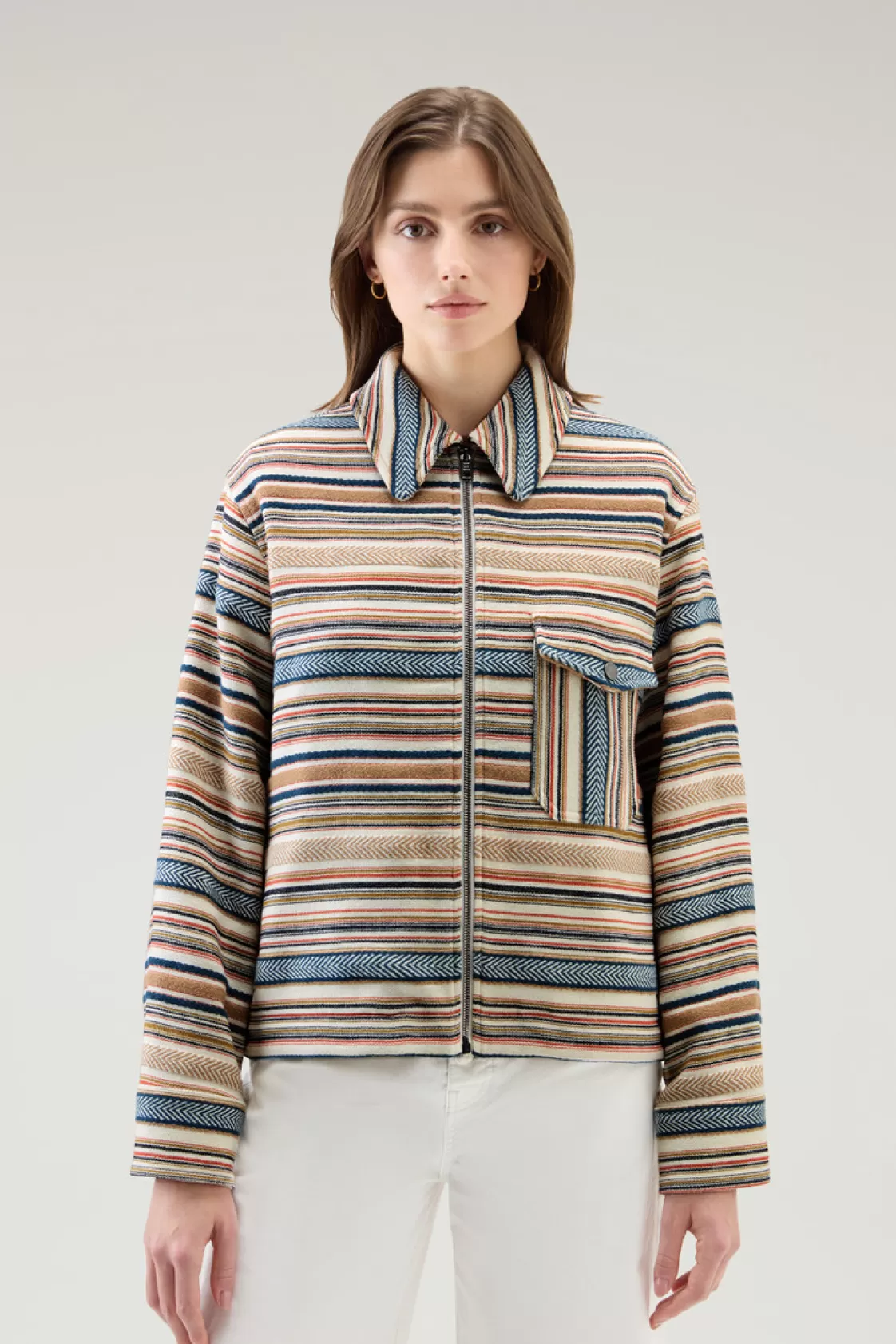 Shirts, Flannels & Shirt Jackets>woolrich Gentry Overshirt In Manteco Recycled Cotton Blend Ethnic White Stripe