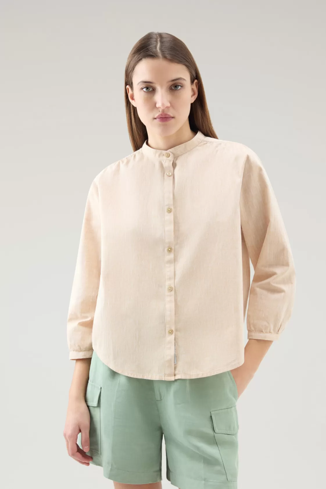 Shirts, Flannels & Shirt Jackets>woolrich Girls' Band Collar Shirt In Cotton-linen Blend Light Oak