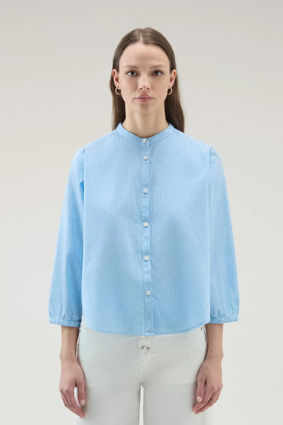 Shirts, Flannels & Shirt Jackets>woolrich Girls' Band Collar Shirt In Cotton-linen Blend Sea Breeze