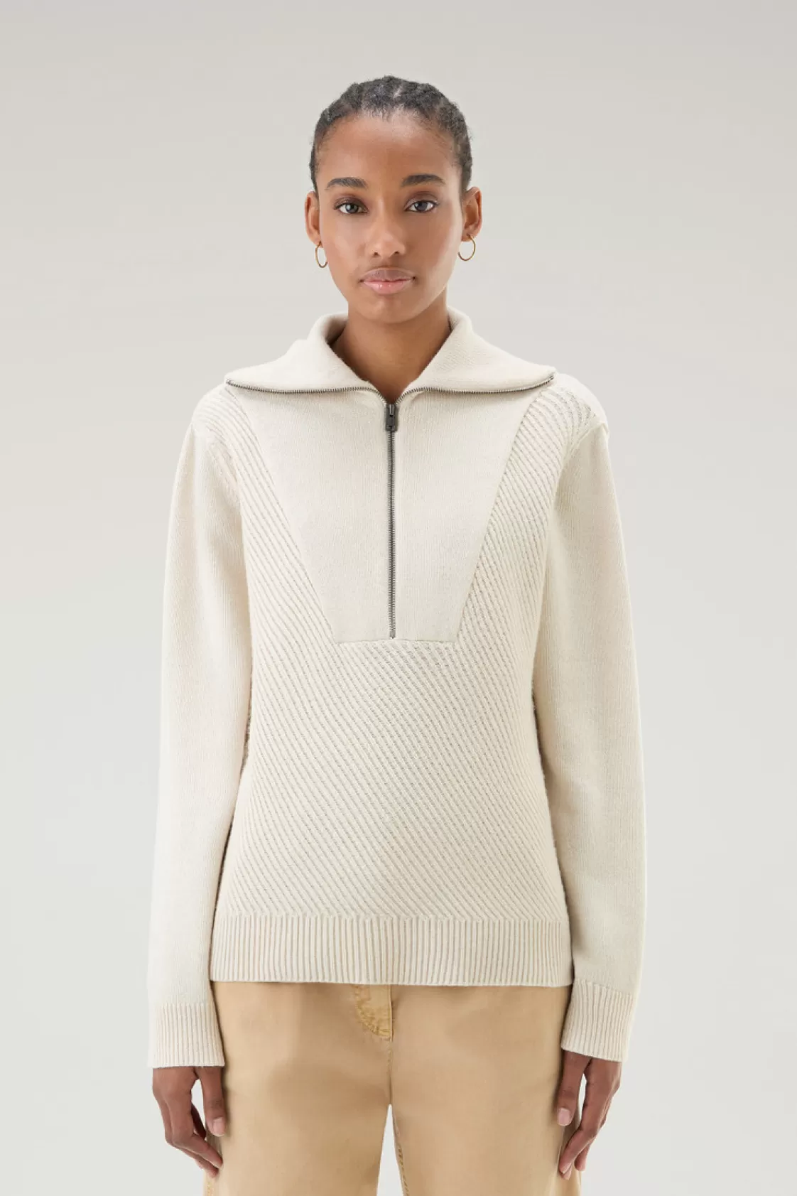 Sweaters>woolrich Half-Zip Sweater In Wool Blend Milky Cream