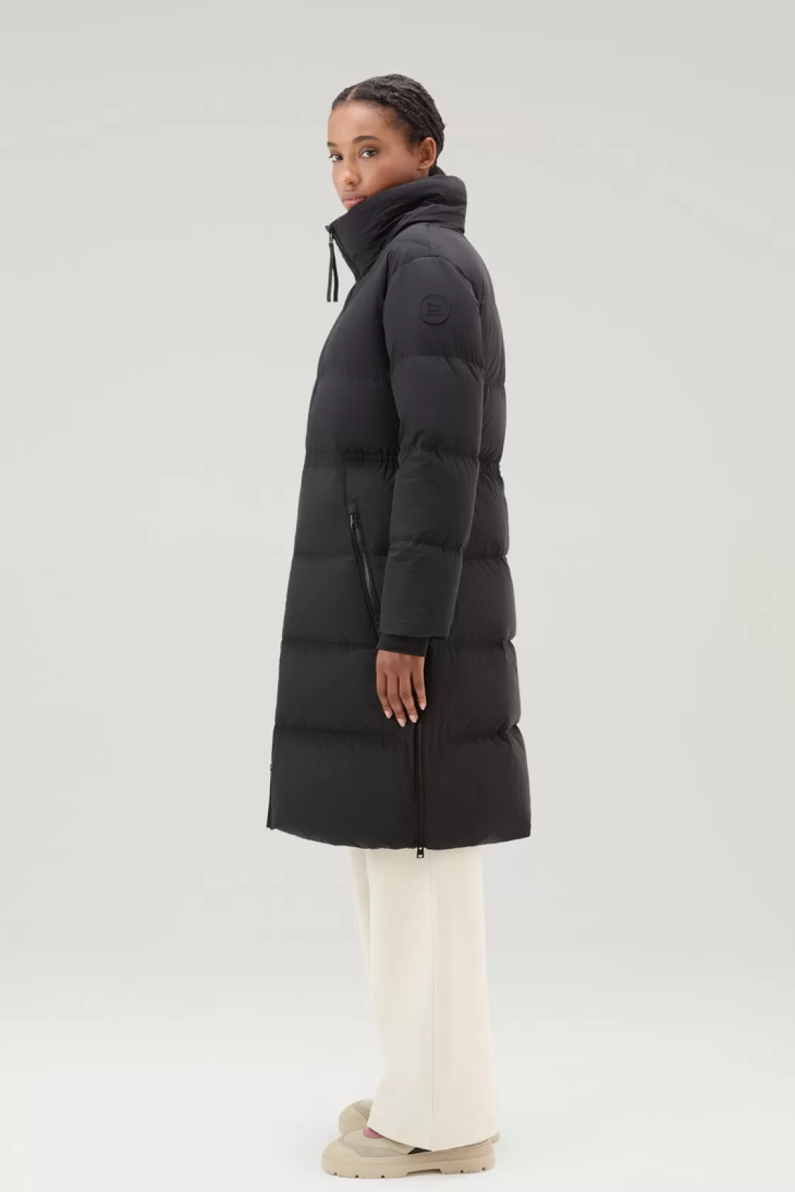 Down Jackets | Parkas>woolrich Long Down Parka In Stretch Nylon With Detachable Hood Black