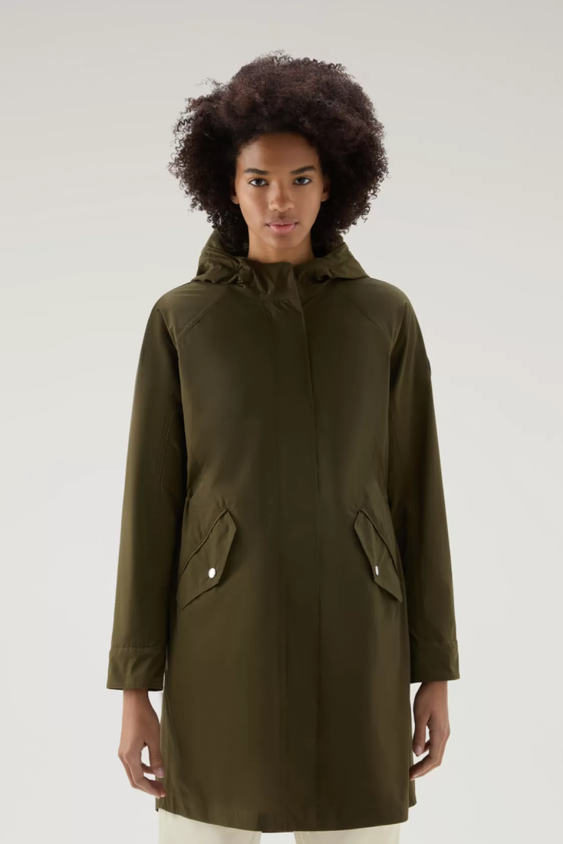 Parkas>woolrich Long Summer Parka In Urban Touch Fabric With Hood Dark Green