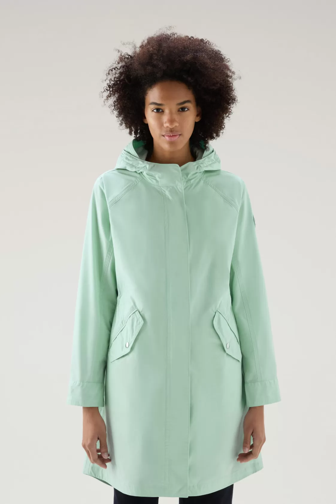 Parkas>woolrich Long Summer Parka In Urban Touch Fabric With Hood Harbor Green