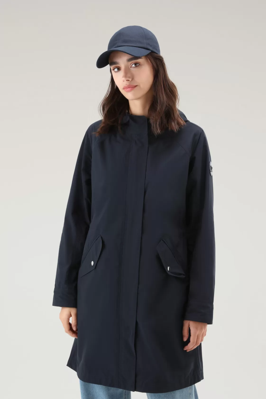 Parkas>woolrich Long Summer Parka In Urban Touch Fabric With Hood Melton Blue