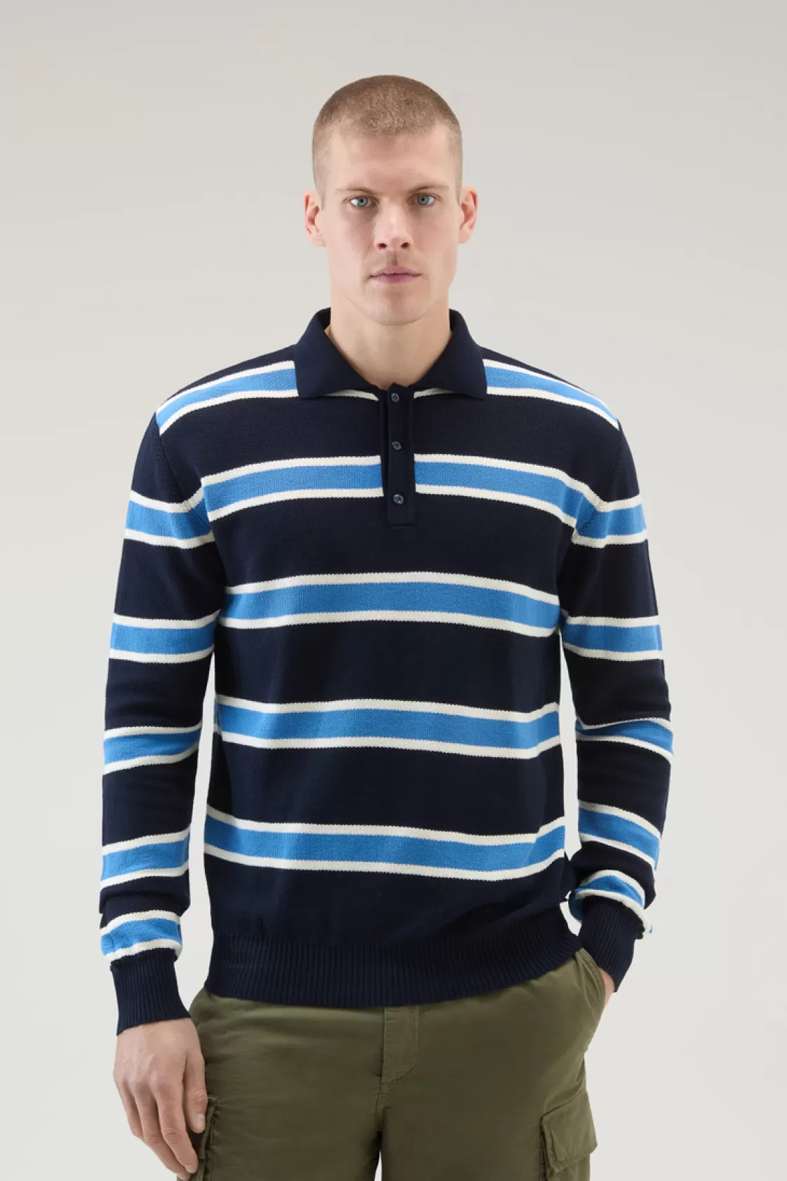 Sweaters>woolrich Long-Sleeved Knit Polo Melton Blue Stripe