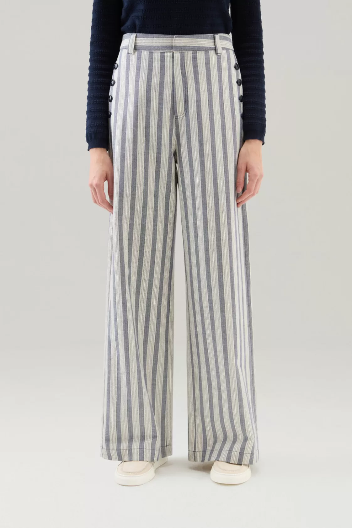 Trousers & Shorts>woolrich Marine Pants In Cotton-Linen Blend Melton Blue Stripe