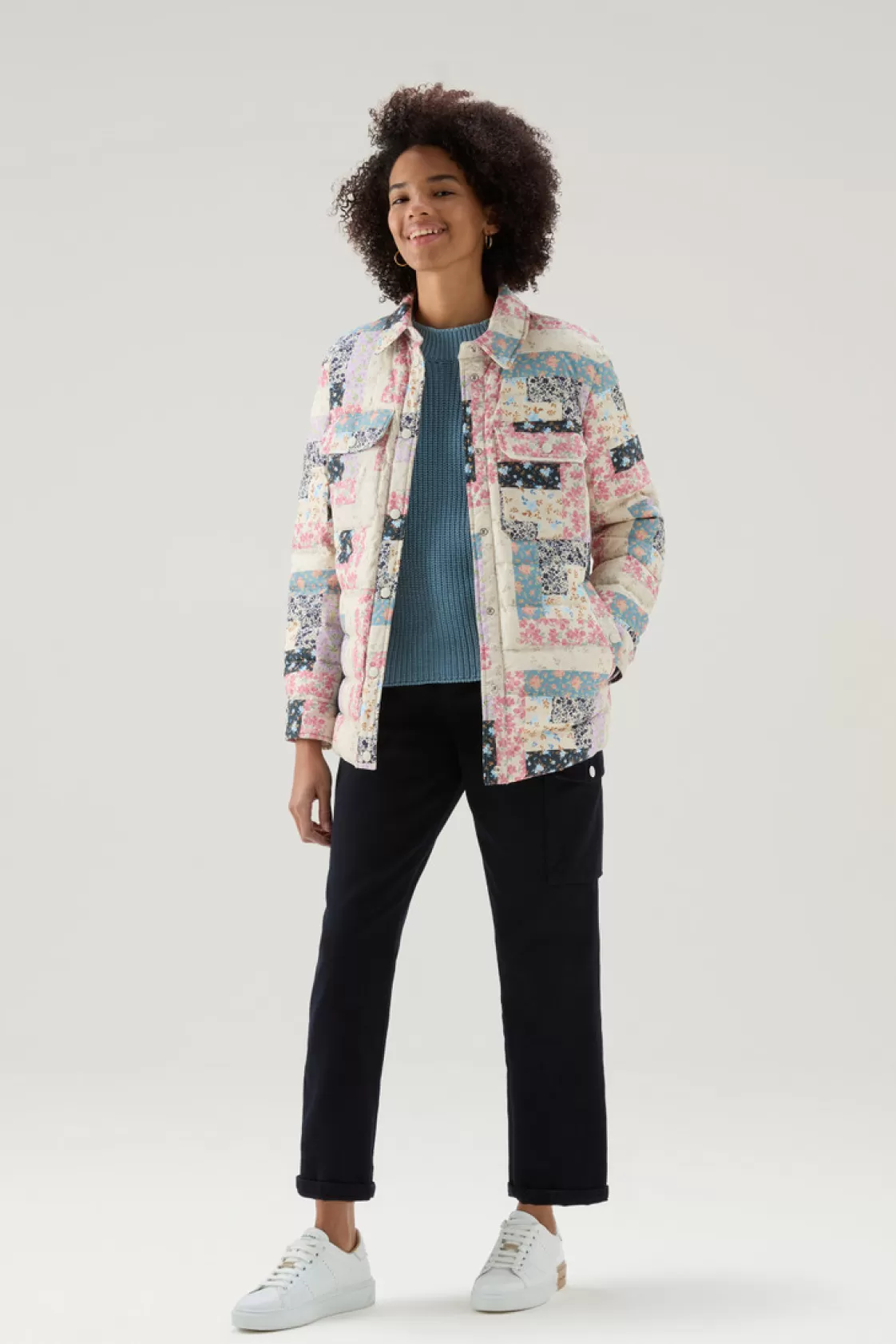 Lightweight Down Jackets>woolrich Pennsylvania Quilted Overshirt With Patchwork Print Cream Patchwork