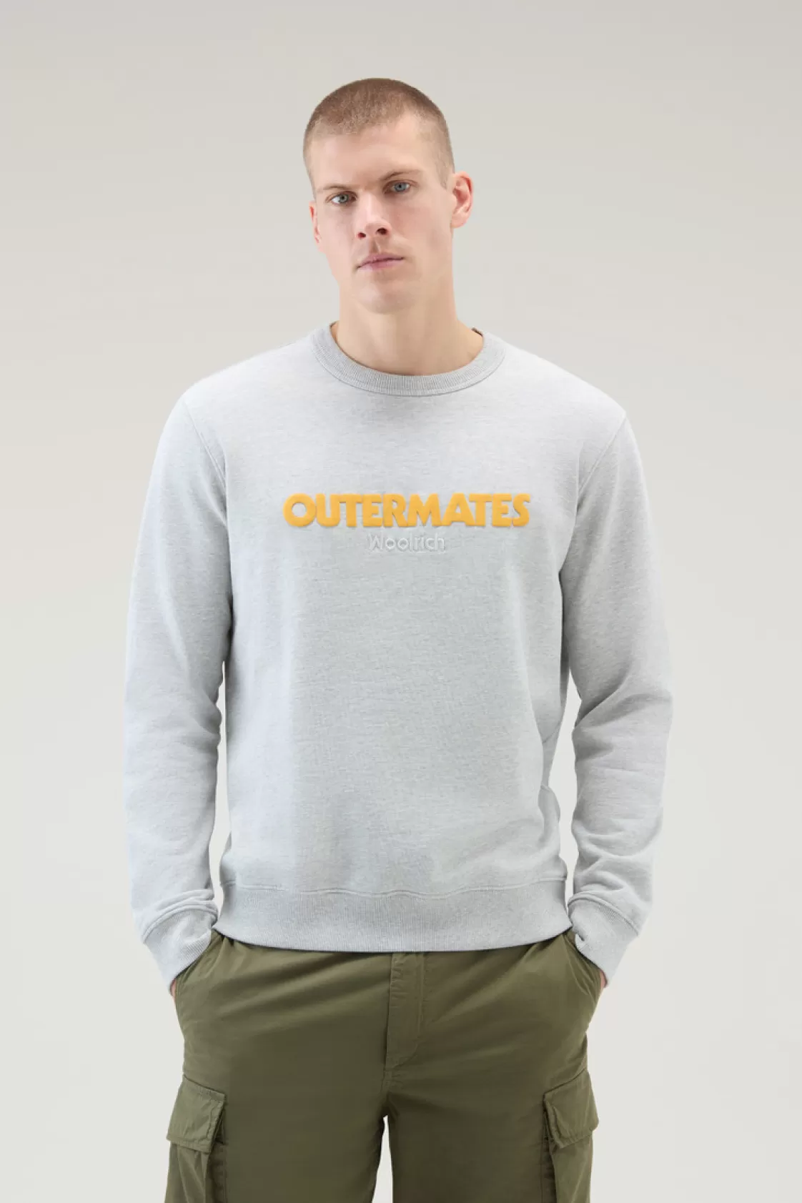 Sweatshirts>woolrich Pure Cotton Crewneck Sweatshirt With Embossed Print Light Grey Melange