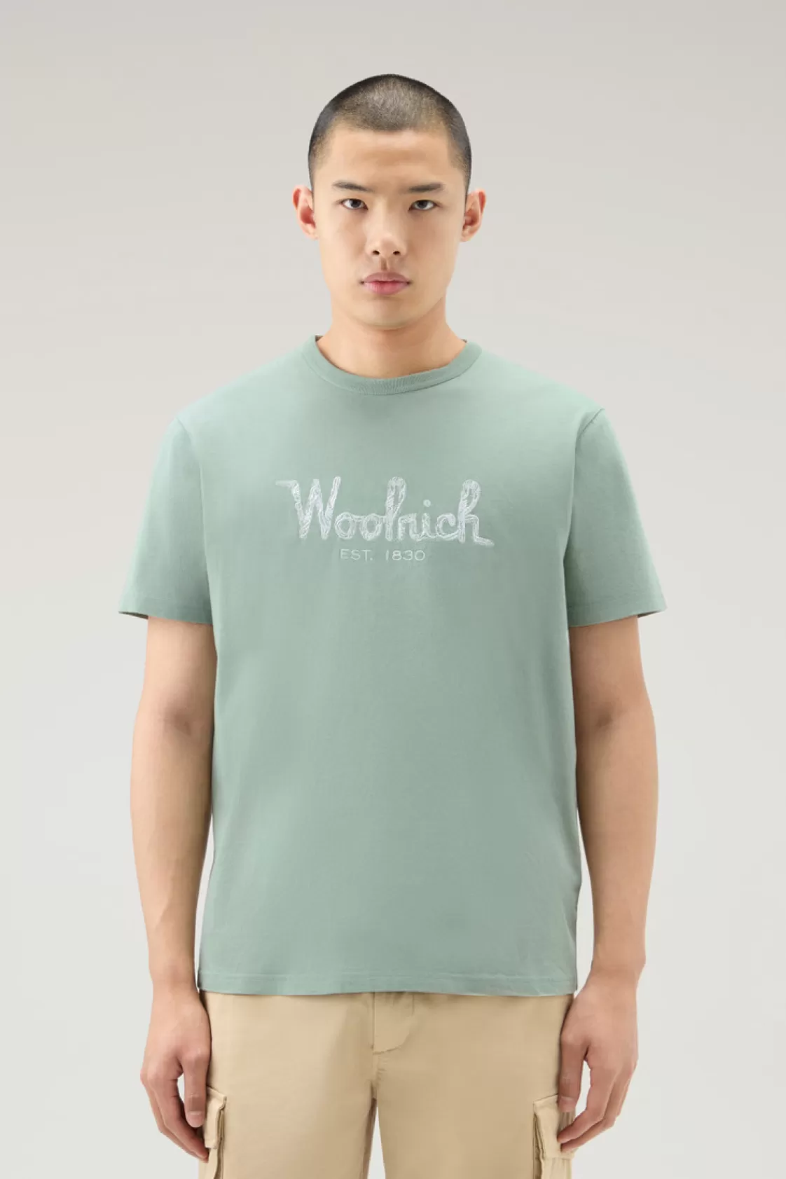 T-Shirts>woolrich Pure Cotton Embroidered T-Shirt Sage