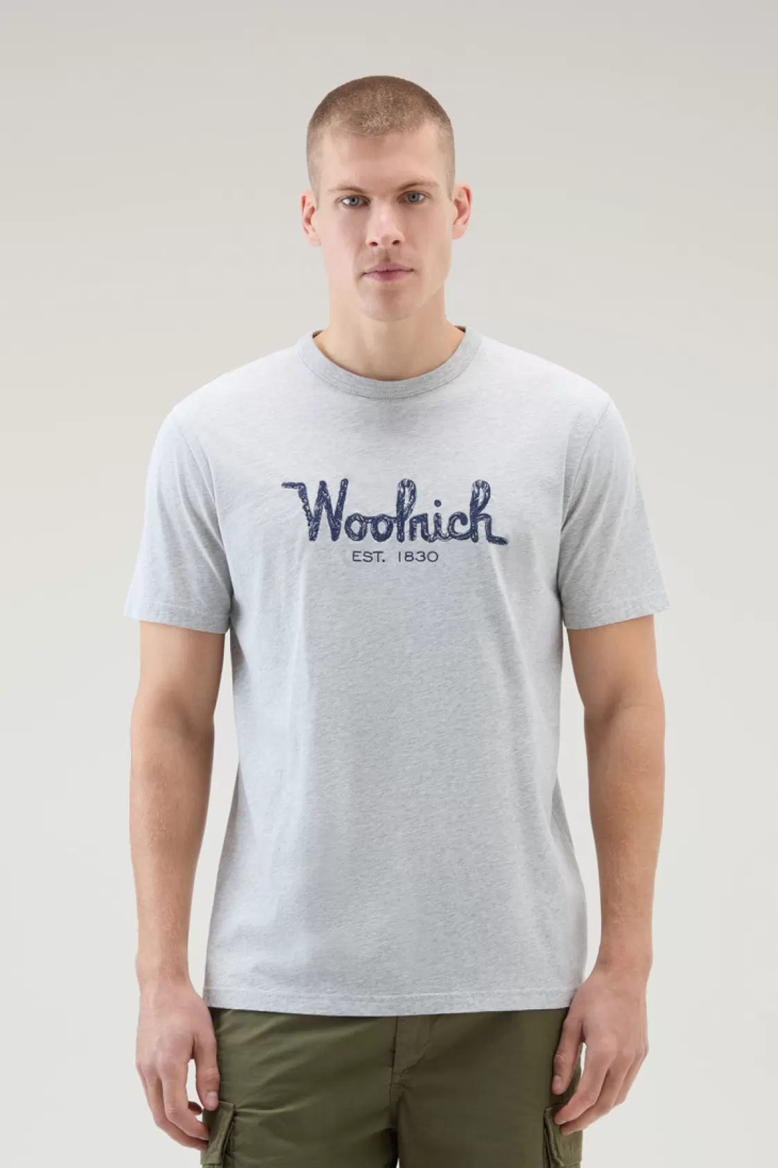 T-Shirts>woolrich Pure Cotton Embroidered T-Shirt Light Grey Melange