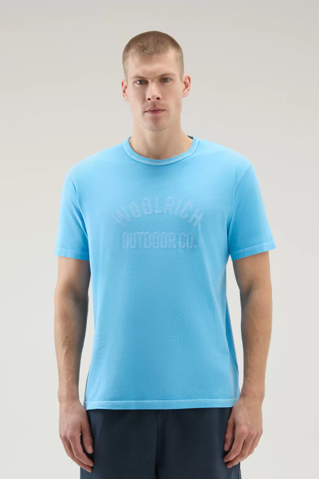 T-Shirts>woolrich Pure Cotton Garment-Dyed T-Shirt With Print Alaskan Blue