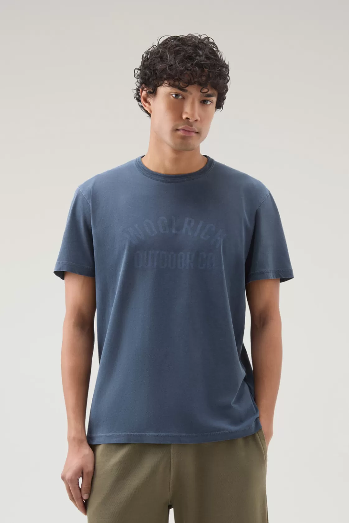 T-Shirts>woolrich Pure Cotton Garment-Dyed T-Shirt With Print Melton Blue