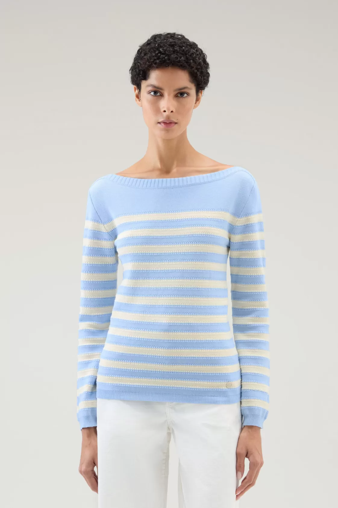 Sweaters>woolrich Pure Cotton Sweater With Boat Neckline Sea Breeze Stripe