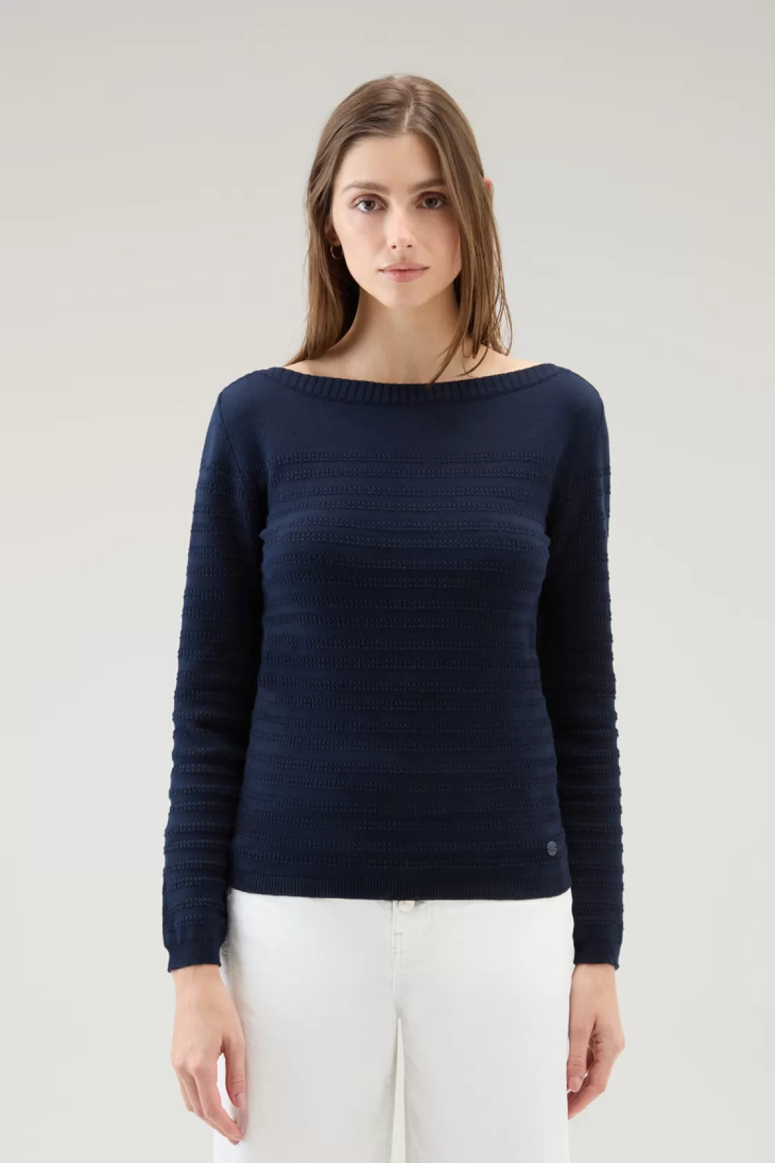 Sweaters>woolrich Pure Cotton Sweater With Boat Neckline Melton Blue