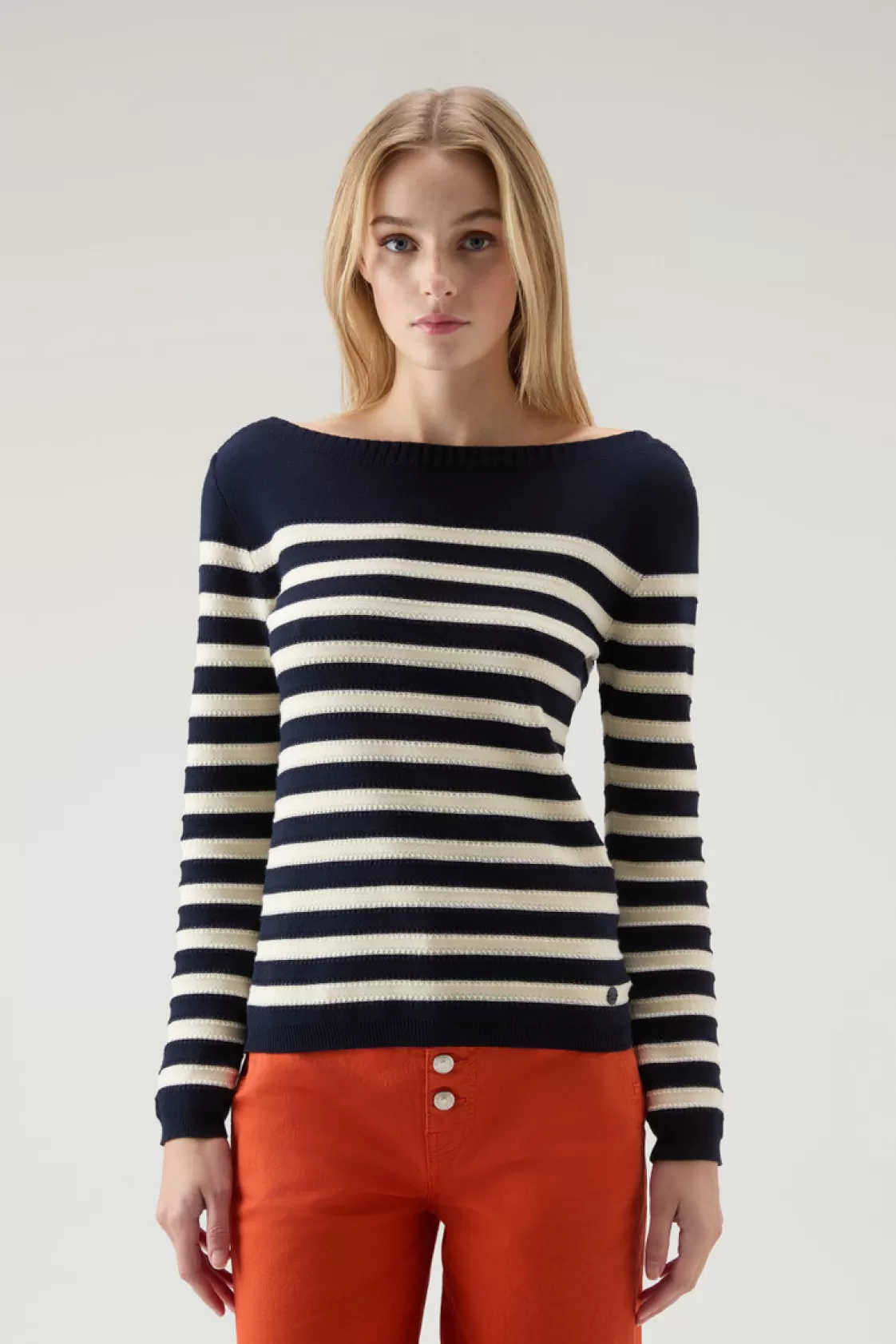 Sweaters>woolrich Pure Cotton Sweater With Boat Neckline Melton Blue Medium Stripe