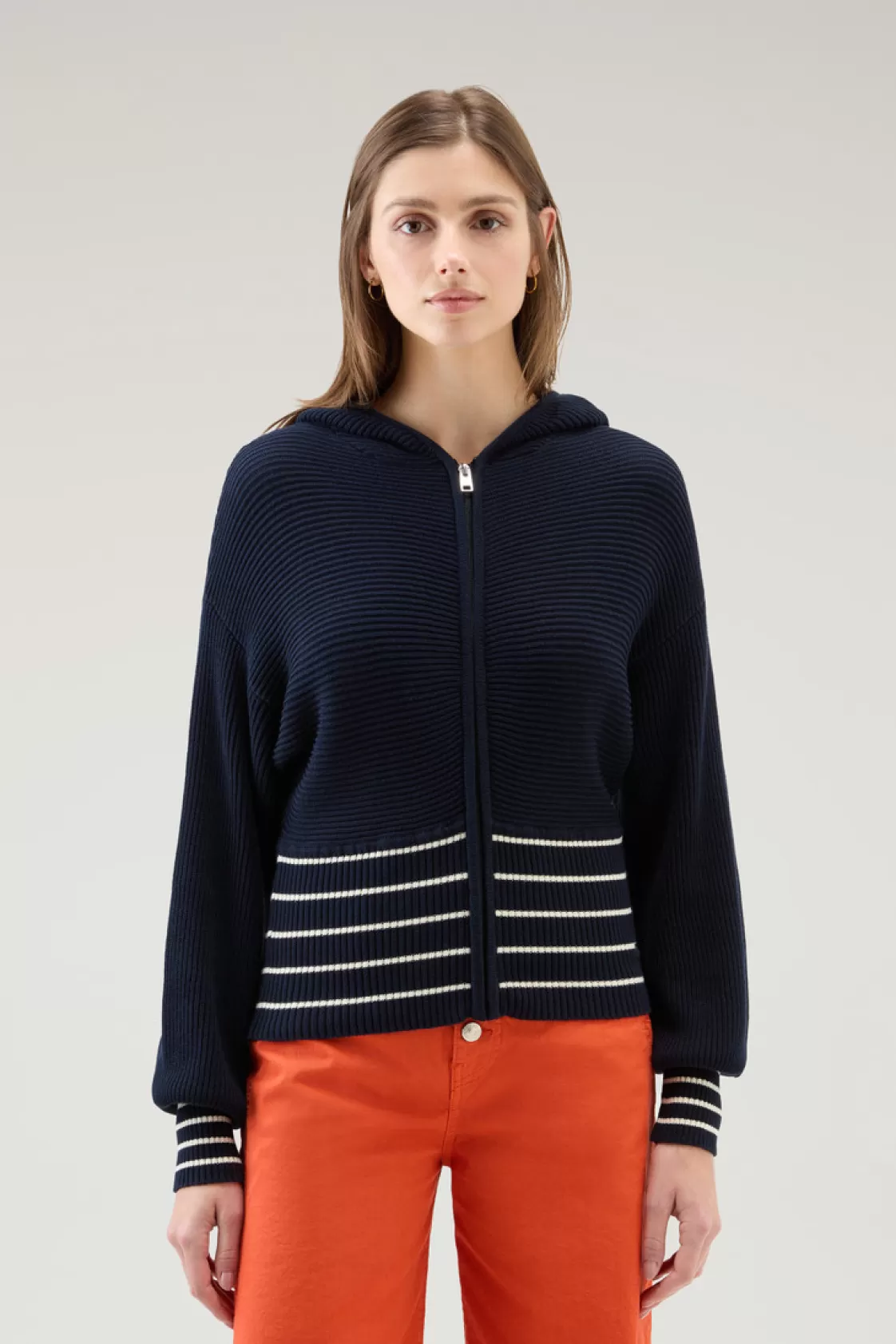 Sweaters>woolrich Pure Cotton Sweater With Hood And Zip Melton Blue Cream Stripe