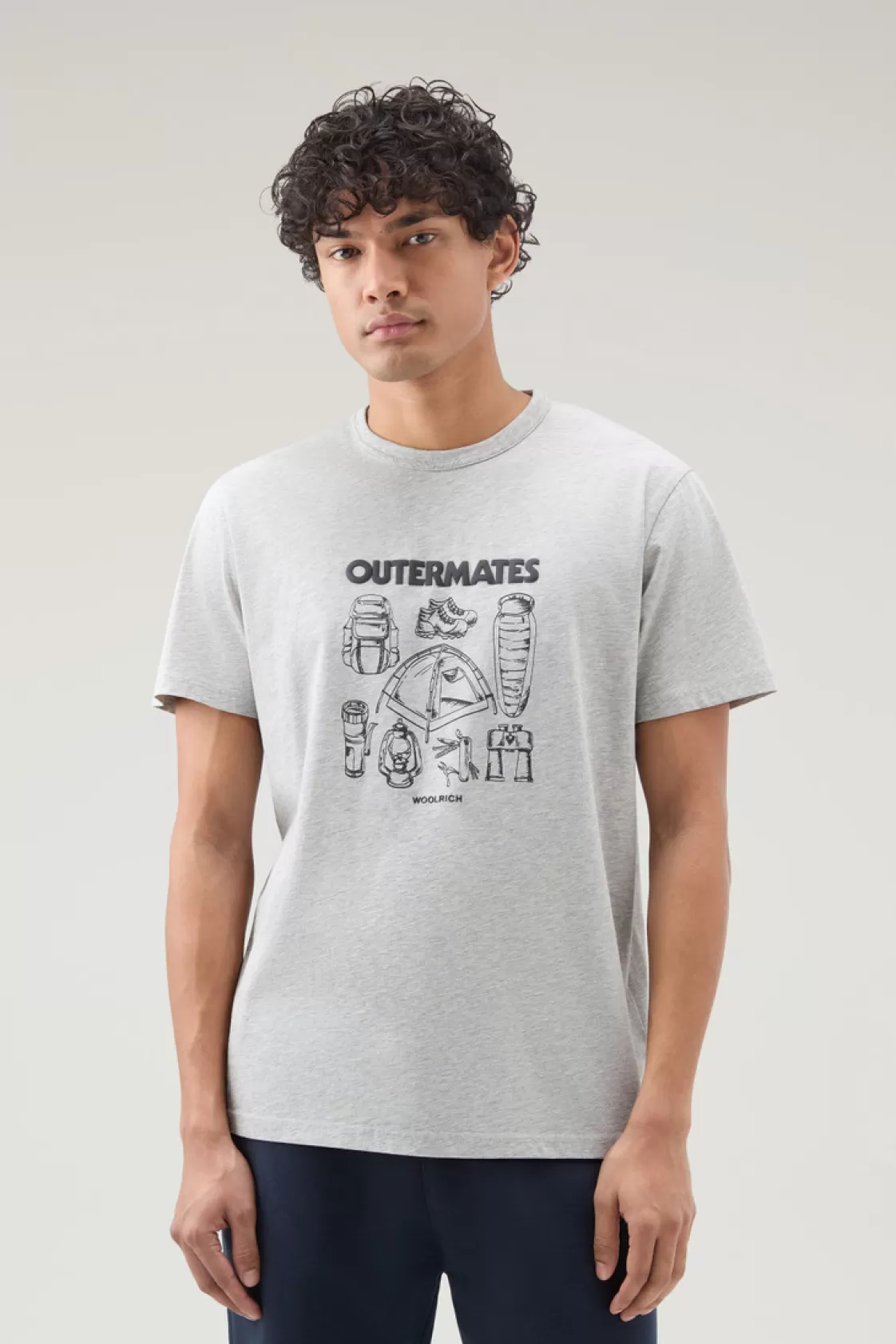 T-Shirts>woolrich Pure Cotton T-Shirt With Outermates Print Light Grey Melange