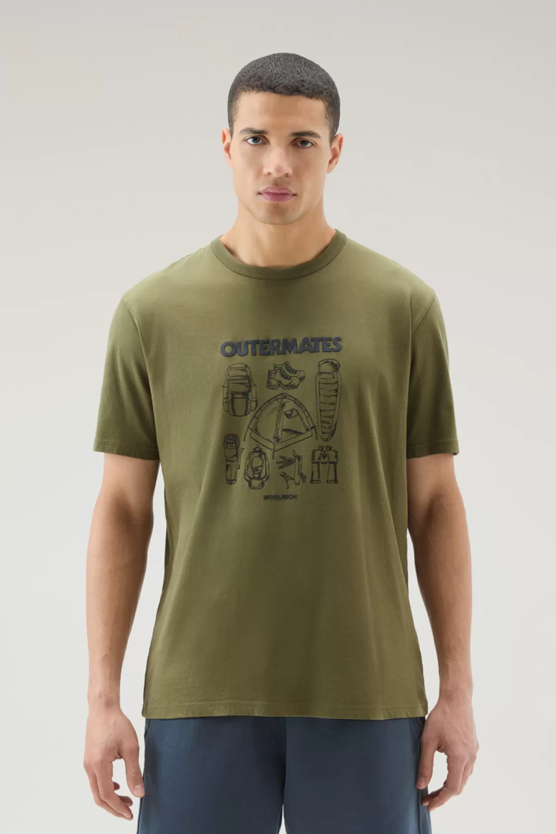 T-Shirts>woolrich Pure Cotton T-Shirt With Outermates Print Lake Olive