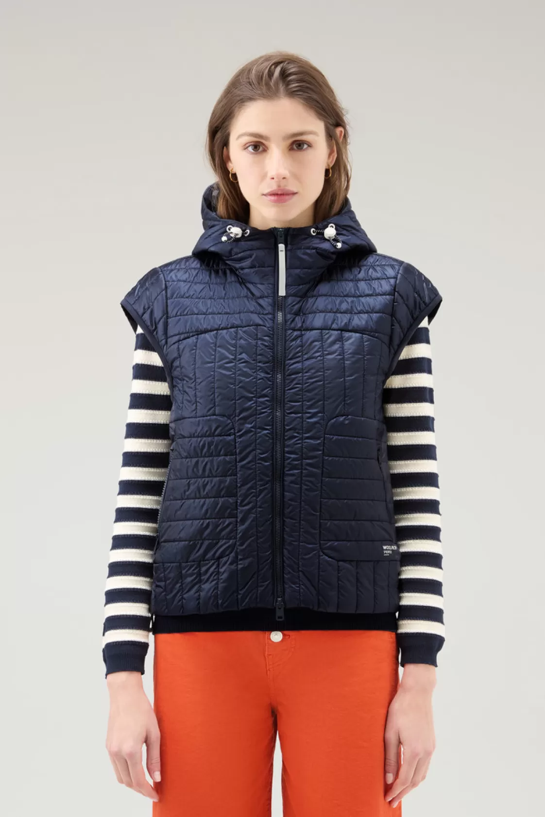 Vests>woolrich Quilted Hooded Vest In Recycled Pertex Quantum Melton Blue