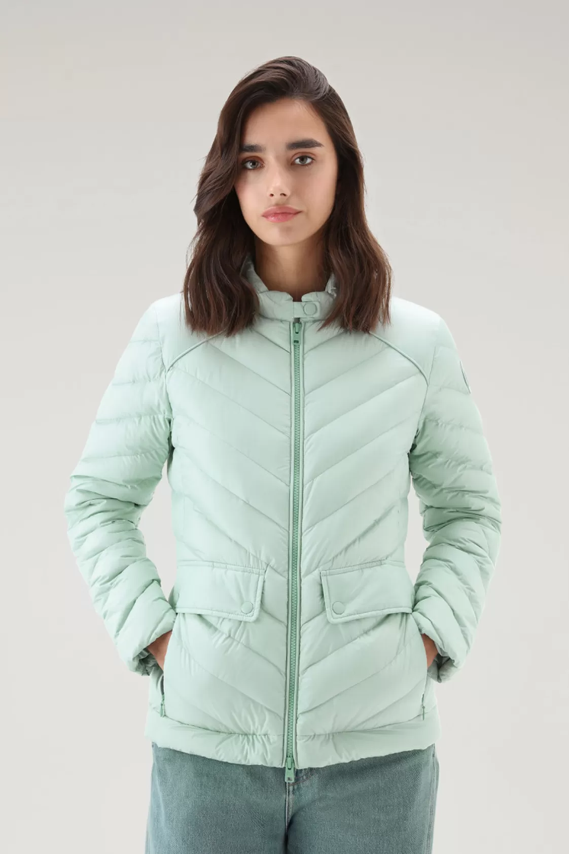 Lightweight Down Jackets>woolrich Short Padded Jacket With Chevron Quilting Harbor Green