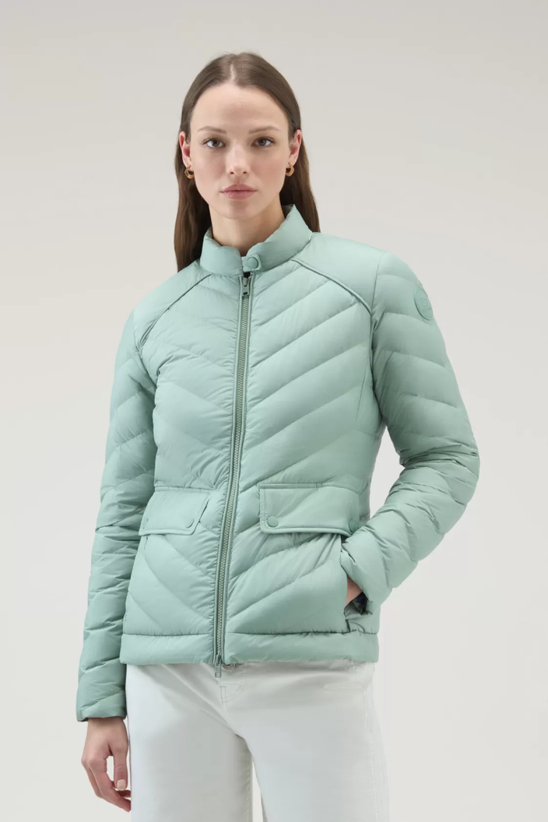 Lightweight Down Jackets>woolrich Short Padded Jacket With Chevron Quilting Sage